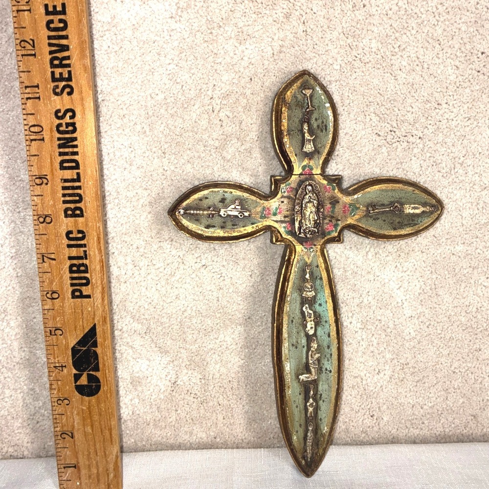 Vintage Mexican Folk Art Milagro Cross Virgin of Guadalupe Wood Wall Decor 11in - Picture 3 of 6
